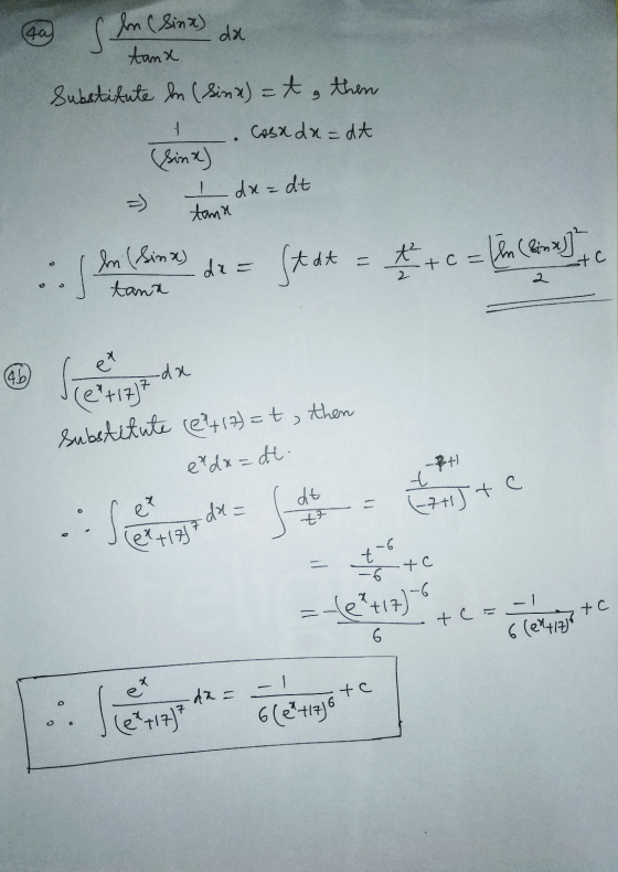 (40) s In (Sinxe) da tanx Substitute in Sinx) = t, then Cosada=dt - I da=dt tana - In Sina) tana dx = .. Stat + + c = ln (lin