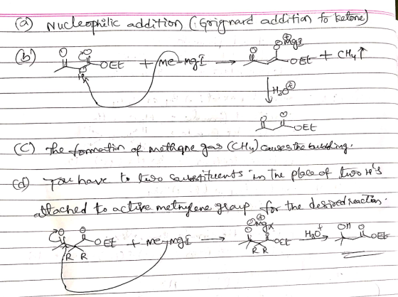 (a) Nucleophilic addition (Grignard addition to ketone) (6) g Got meange l ost + chyt 8 tot (C) the formation of methane gas