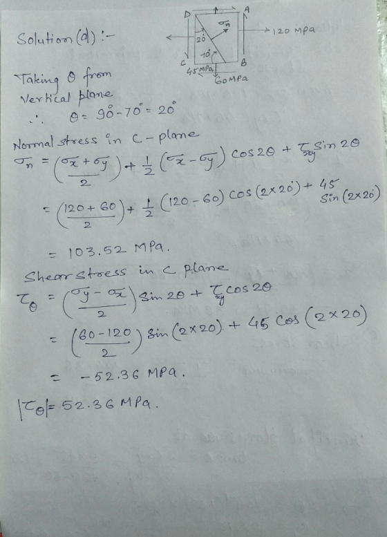 A * 120 mpa Solution (d) :- 20 10 C B 45 MPa GOMPa Taking o from Vertical plane - 98-70-20 Normal stress in C-plane (+)+1(2-6