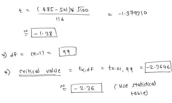 t = ( 485-501) Joo -1.379310 116 112 - - 1.38 ) df = on-l) ११ - = ta, da to.ol,99 -2.3646 value critical *) = 112 - 2.36 c us