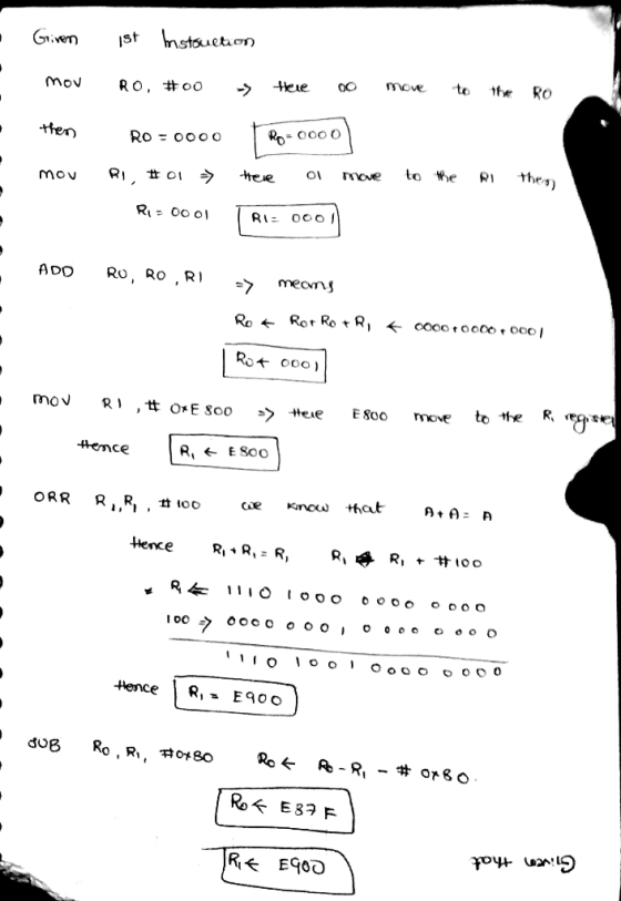 . Given ist Anistouction mou RO, #00 -> Here 00 move to the RO then RO = 0000 Rp=0000 mov RI, #01 > here or move to the RI th