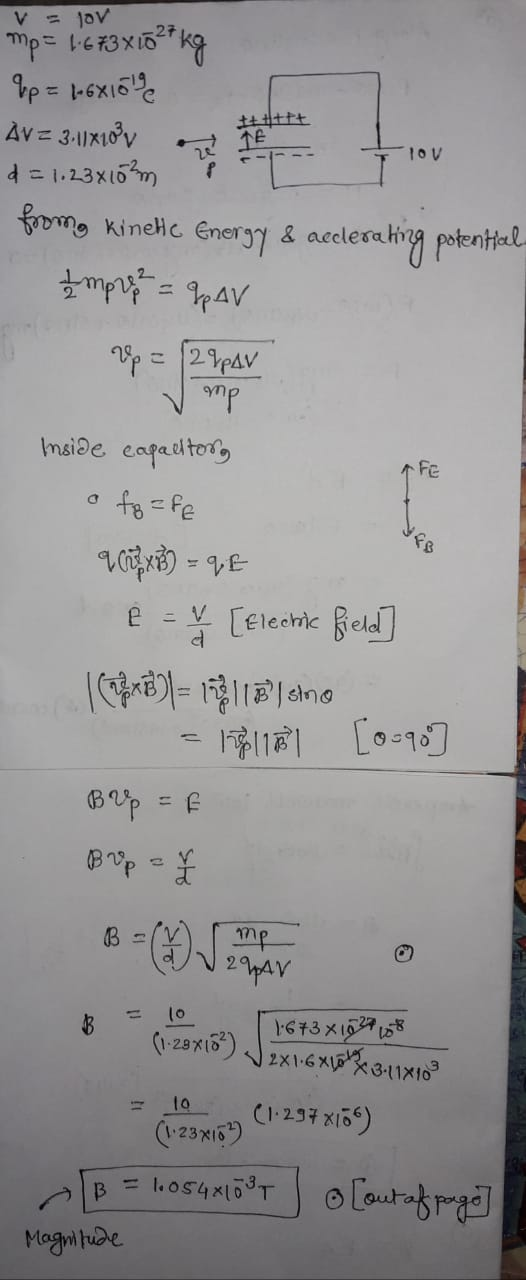 V = JOV mp = 1.6 73 x 1527 kg Up = 1,6x15198 AV = 3.11810 v It d = 1,23x10²m fooma kinetic Energy & acclerating potential Imp