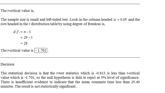 The t-critical value is, The sample size is small and left-tailed test. Look in the column headed α = 0.05 and the row headed