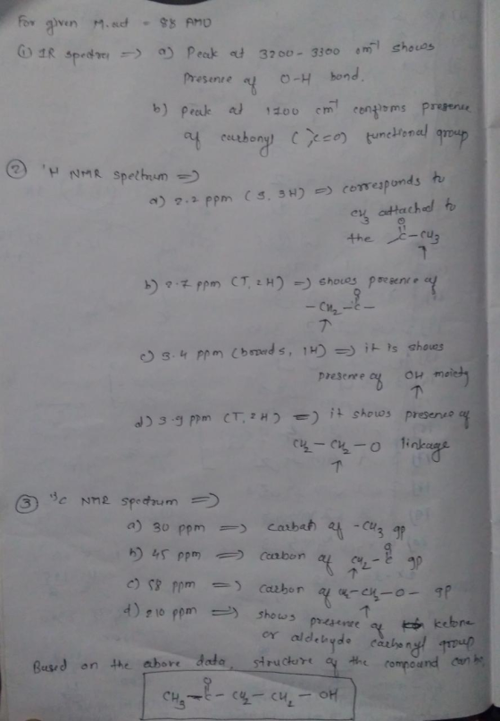 - For given M. aut 0 IR spectre - 88 AMO a Peak at 3200 - 300 ml shows Presence of 0-H bond. b) peak at 1800 cmt confroms pre