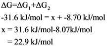 AG=AG,+AG,
-31.6 kJ/mol = x +-8.70 kJ/mol
x= 31.6 kJ/mol-8.07kJ/mol
= 22.9 kJ/mol