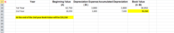 57 4) 58 59 60 61 62 63 64 65 Beginning Value Depreciation Expense Accumulated Depreciation Book Value (A-B) Year 1st Year 2n