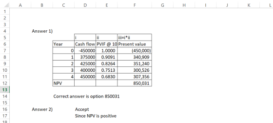4 Answer 1) ii-i*ii 6 Year Cash flow PVIF@ 10 Present value 0-4500001.0000 1 375000 0.9091 2 425000 0.8264 3 4000000.7513 445