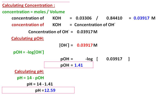 = 0.03917 M Calculating Concentration : concentration = moles / Volume concentration of KOH = 0.03306 / 0.84410 concentration