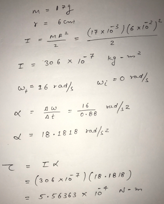 m=179 r = 6 ani I = MR² = (17x103) (6x10²72 2 I = 306 x 107 kg - m² W = 16 rads wiso rools x = a todo o 6 raid/s2 = 1818 18