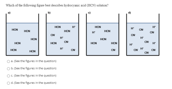 Which of the following figure best describes hydrocyanic acid (HCN) solution? a) b) c) d) HCN H HCN Hº H HCN CN HCN HCN H HCN