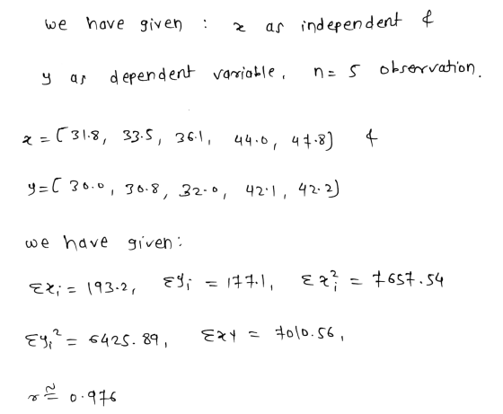 we have given as independent & n=s observation y as dependent variable. x=(31.8, 33.5, 36-1, 44.0, 47.8) 4 y=[ 30.0, 30.8, 32