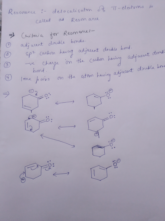 is Resonance : delocalisation of T-electrons called as Reson ance. Criteria for Resonance: adjacent double bonds. sp2 carbon