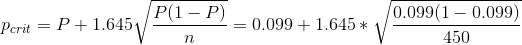 p_{crit} = P + 1.645\sqrt{\frac{P(1-P)}{n}} = 0.099 + 1.645*\sqrt{\frac{0.099(1 - 0.099)}{450}}