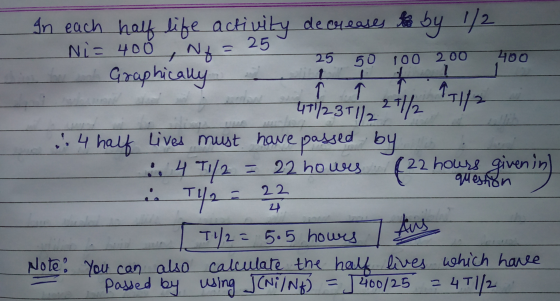 In each half life activity decreases to by 1/2 Ni= 400 , Nf = 25 Graphically 25 go !00 200 400 471/237 || 2+1/2 1/2 .. 4 half