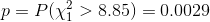 p= P(\chi^2_1 > 8.85) = 0.0029