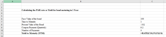 A Calculating the PAR rate or Yield for bond maturing in 1 Year 100 Face Value of the bond Time to Maturity Present Value of