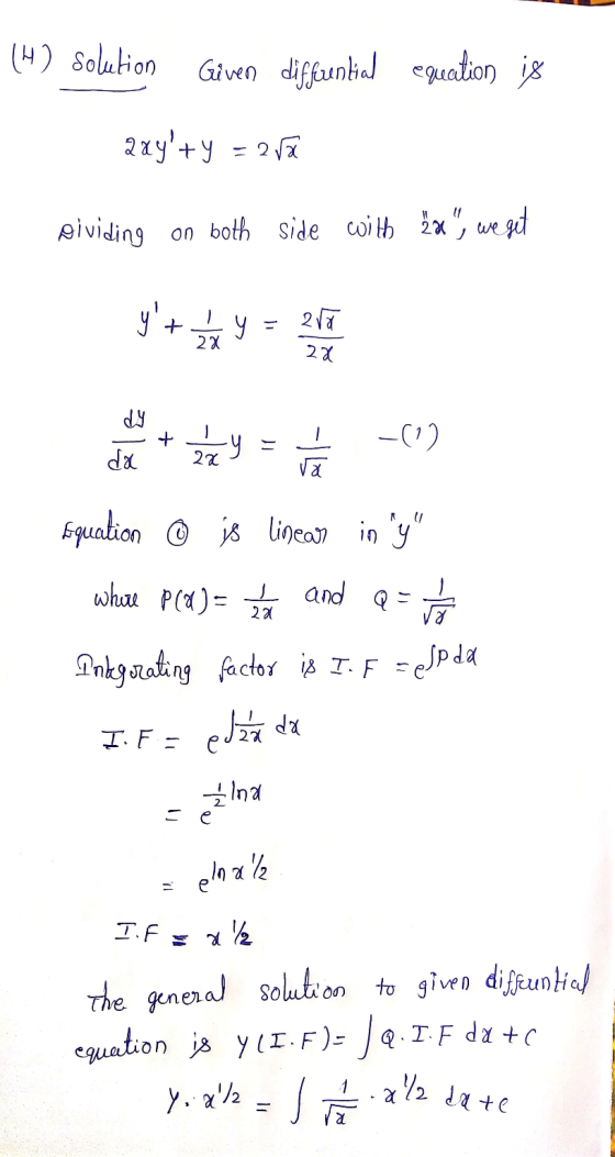 14) solution Given differential equation is 2xy+y = 2 va Dividing on both side with ſal, we get yt my = on tehnyt -(0) Equ
