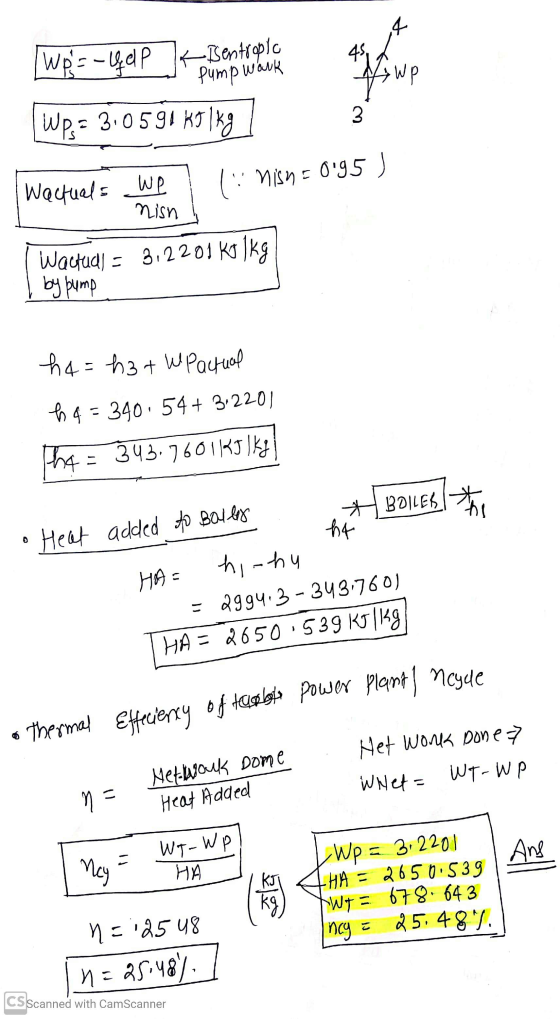 Wp =- Gelp - Isentroplo 45, pump wark Lowe 3 Wp= 310591 kJ 1kg Watual WP ( nisha nish = 0.95 . nisn Wastudi = 3,2201 Kolkg by