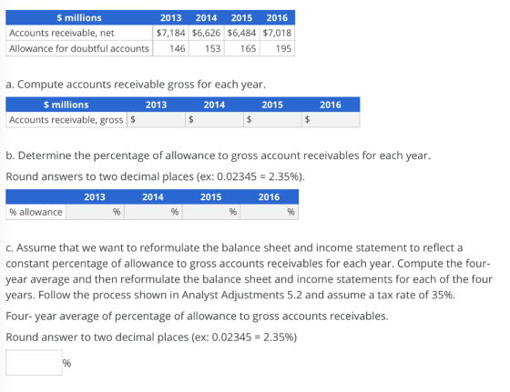 $ millions Accounts receivable, net Allowance for doubtful accounts 2013 2014 2015 2016 $7,184 $6,626 $6,484 $7,018 146 153 1