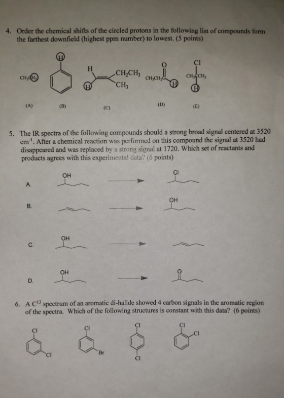 4. Order the chemical shifts of the circled protons in the following list of compounds form the farthest downfield (highest p