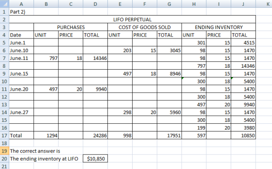 B Ε F н A 1 Part 2) 2 3 4 Date 5 June.1 6 June. 10 7 June.11 1470 8 9 June.15 LIFO PERPETUAL PURCHASES COST OF GOODS SOLD L E