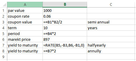 SA 1 par value 2 coupon rate 3 coupon value 4 term 5 period 6 marekt price 7 yield to maturity 8 yield to maturity B 1000 0.0