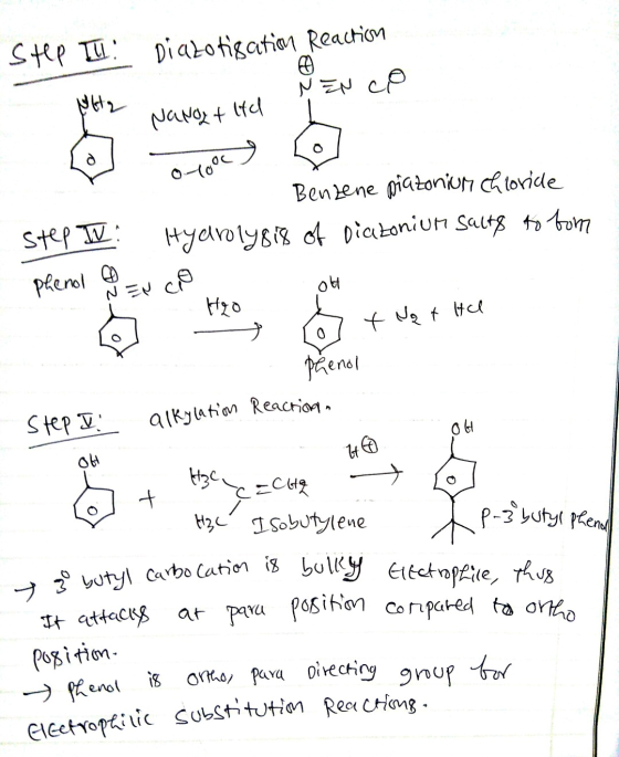 Step Tu Diazotigation Reaction 09 N EN CO NaNozt tel О-оос Step 1: ot 3 butyl carbocation is bulky Electrophile, thus ta Benz