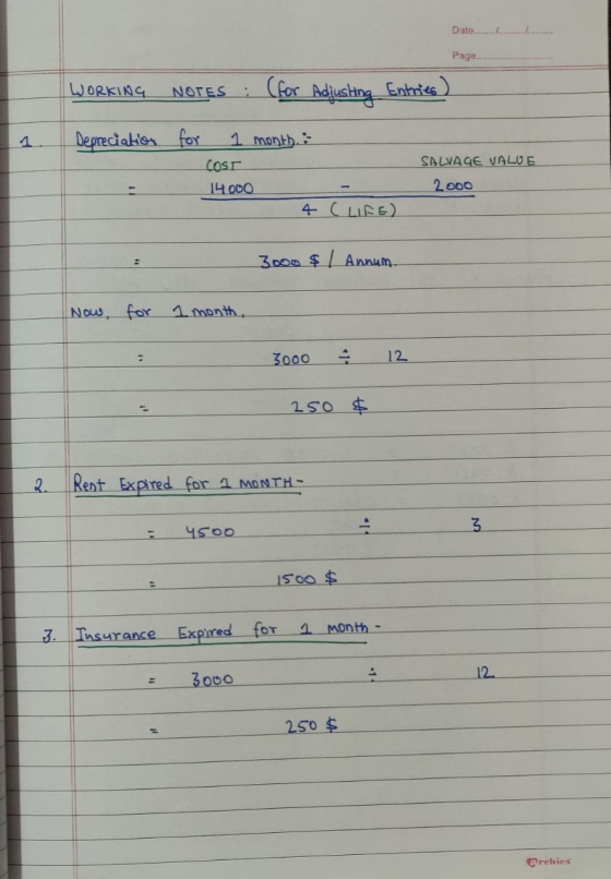 Date..................... Page.... WORKING NOTES : (for Adjusting Entries) Depreciation for 1 month : COST 14000 - 4 C LIFE)