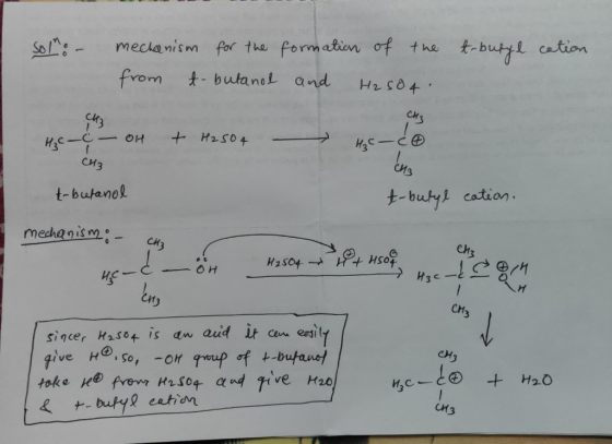 t-butyL cation meclanism for the formation of the SoM- from t-butanet and H2504 CH3 C OH H2504 Hзс Cиз t-buty catian t-butano