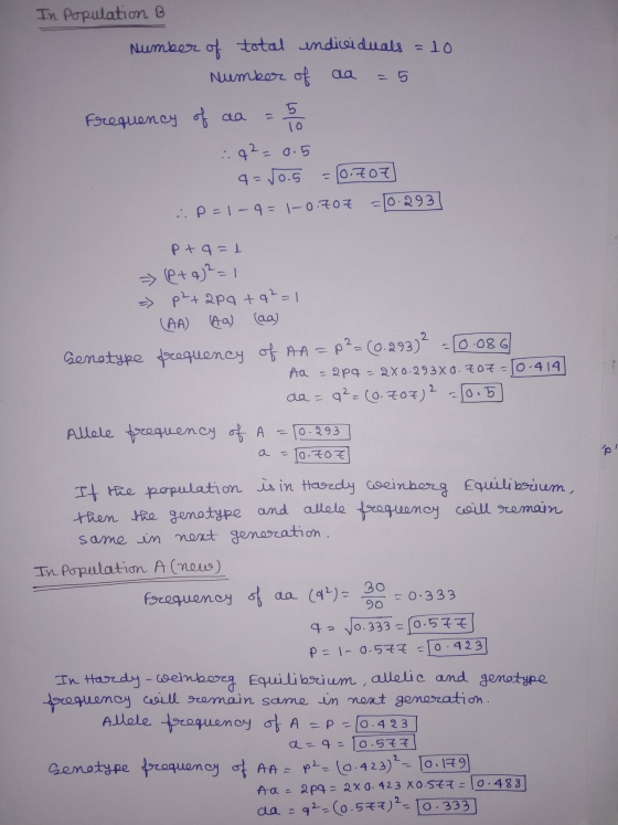 In population B Number of total individuals = 10 Number of aa = 5 Frequency of aa = 5 92= 0.5 4= 50.5 = 10.707 p=1-4-1-0.707