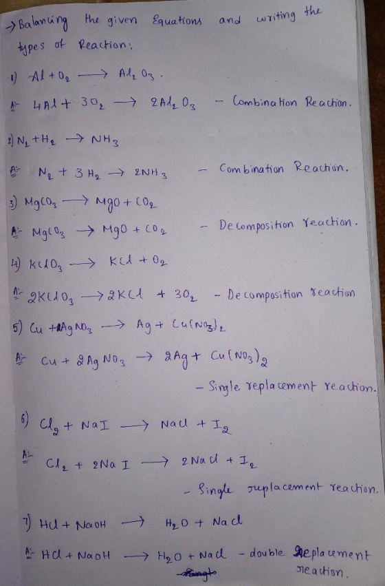 the given Equations wTiting the and pes ot Reaction: A, 03 t)Al+O Combina hon Re achon. NtHe NH3 Com bination Reachion. N2 3