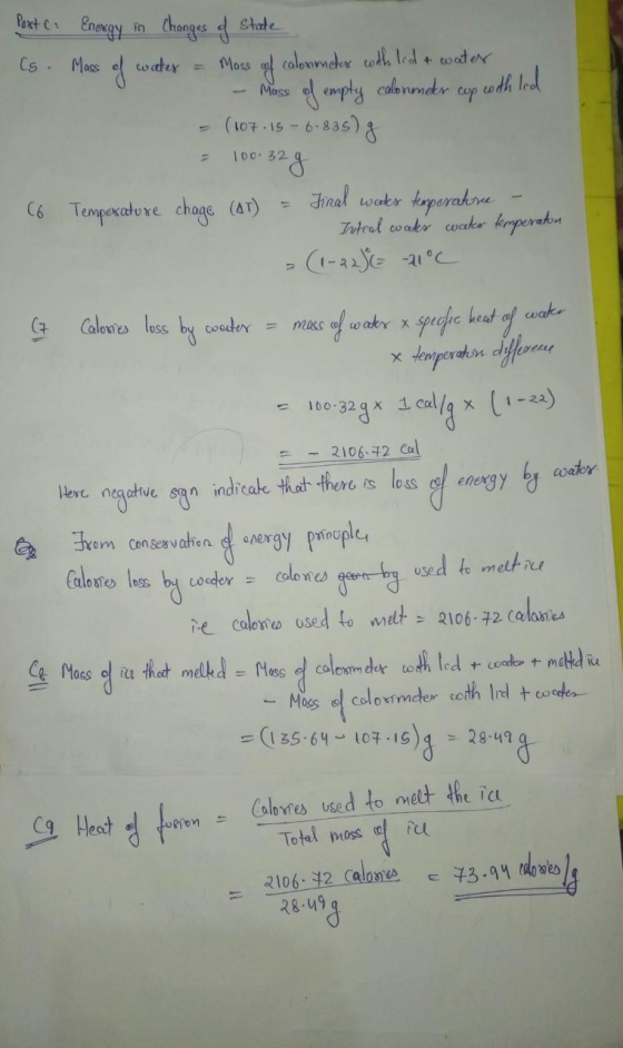 Post ( (s. Energy in changes of State Mass of water = Moss of calonmates with lid + water - Mass of empty calonmer cop coth l