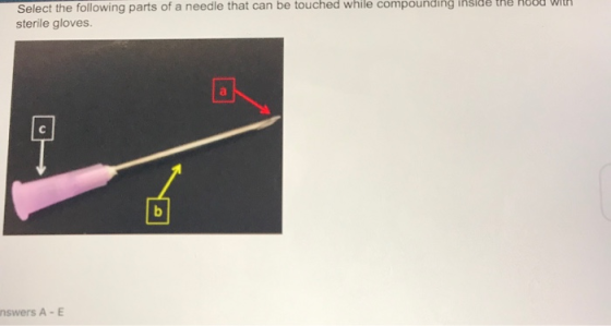 Select the following parts of a needle that can be touched while compounding inside the noou win sterile gloves. nswers A-E