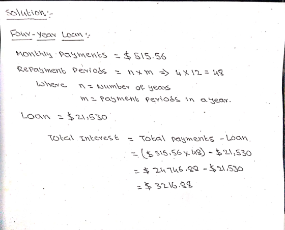 solution - Four-year Loan Monthly payments =$515.56 Repayment periods = nxm => 4x12=48 - Where na Number of years . ma paymen