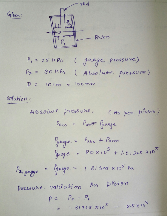 rod Given: D pt Piston. P, = 25 kPa ( guage pressure) P2= 80 kPa (Absolute pressure) Do 10cm a 100 mm solution: Absolute pres