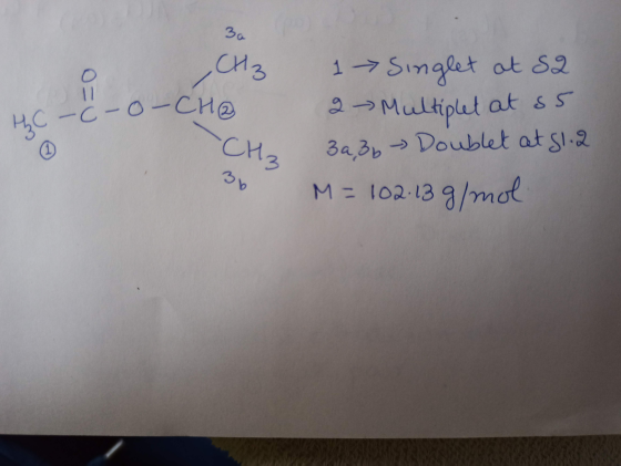 CH3 1 > Singlet at SQ 46-6-O-CHO 2 Multiplet at ss CH₃ 3a3b Doublet at sl.2 3 M = 102.13 g/mol