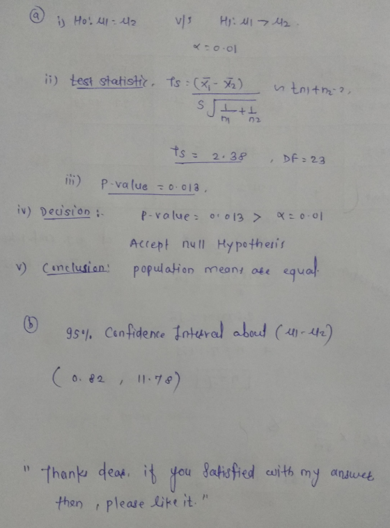 @ is Ho: 41 42 vs Hi: 1142. O-01 ii) test statistic. tnith 2, Ts=(x-72) S tates Itt 02 ts = 2.38 , Df=23 i) P-value = 0.013,