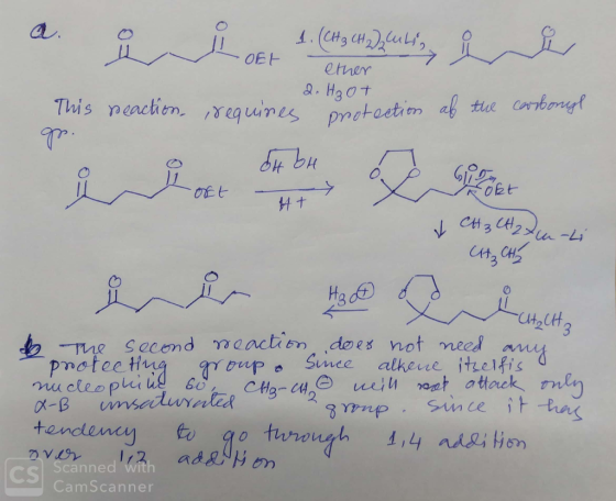 이타 ether 2. H₃O+ protection tion requires as the carbonyl gr. 64bH 4+ J CH 3 CH 2 2m-li CH₃ CH2 Since roup. nucleophiid to th