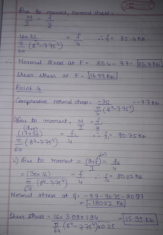 Date Page Due to moment, nomal stress- M f y I 16x32 f u osofi 85.4K si. Ţ (84_7.754) 64 Nommal stress at F = 85.4 - 9.7= 75.