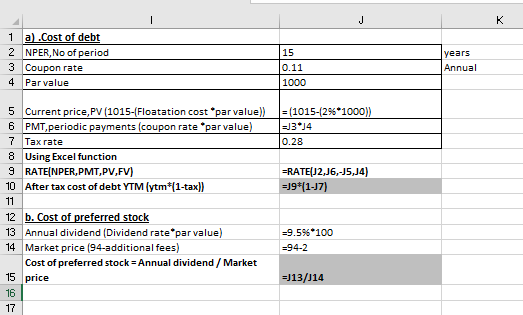 J к 1 a).Cost of debt 2 NPER, No of period 3 Coupon rate 4 Par value 15 0.11 1000 years Annual = (1015-(29*1000)) -3°14 0.28
