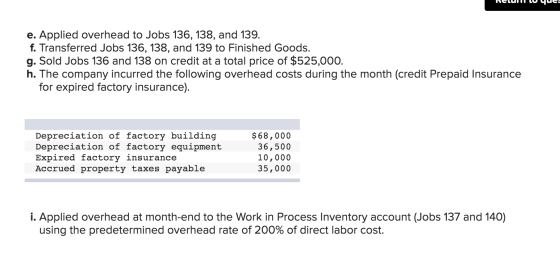Relun LU yucet e. Applied overhead to Jobs 136, 138, and 139. f. Transferred Jobs 136, 138, and 139 to Finished Goods. g. Sol