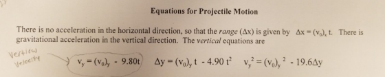 Equations for Projectile Motion There is no acceleration in the horizontal direction, so that the range (Ax) is given by gravitational acceleration in the vertical direction. The vertical equations are Δ-(vokt. There is Veloc