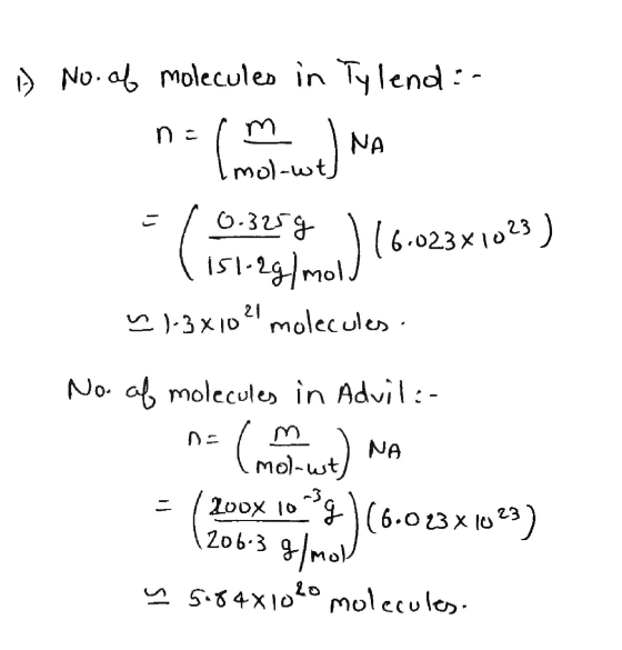 n = NA It No. of molecules in Tylend :- Can wete (isi 0.325g 151-2g/mol. ~ 1-3x1021 molecules. 116-023X1023) No. of molecules