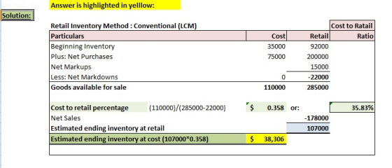Answer is highlighted in yelllow: Solution: Retail Inventory Method: Conventional (LCM) Particulars Beginning Inventory Plus: