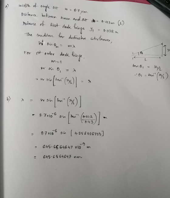 width of single sut Waffum Distance between screen and sur Distance of first dark bringe The condition for destructure W sino