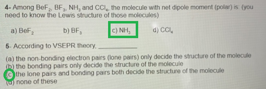 4- Among BeF2, BF, NH, and CCI, the molecule with net dipole moment (polar) is: (you need to know the Lewis structure of thos