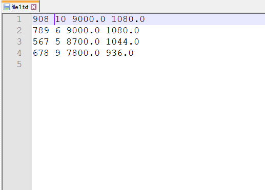 file 1.txt X 1 2 3 908 10 9000.0 1080.0 789 6 9000.0 1080.0 567 5 8700.0 1044.0 678 9 7800.0 936.0 4. 5