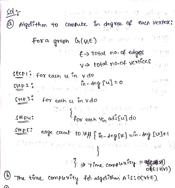 Solo @ Algolithm to compute in degree of each verted, for a graph G (VE) : E = Total no. of edges ? v total nor of vertices s