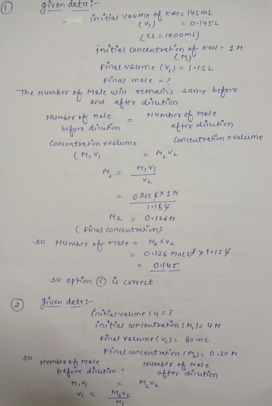 0 given data :- initial veume of KOH= 145 m2 (ر) -0.145L (11 =1000mL) initial concentrahcm, ot ROH = 1M final roume (,) =101