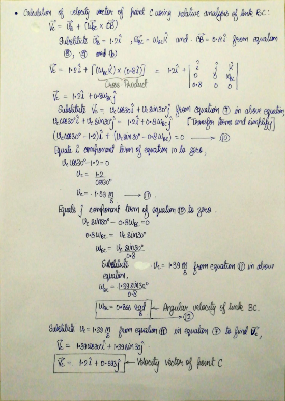 • Calculation of velocity vector of facing Cuseing relative analysis of link BC: Ve = 0 + (Wbc X CB) Tuloslilile = 12ê , Wec